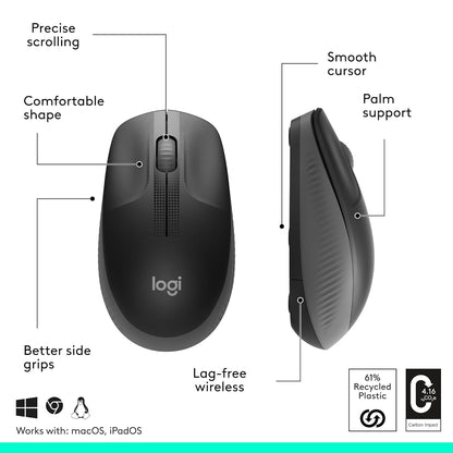 Logitech M190 Wireless Mouse – Full-Size, Ambidextrous Design with Precise Scrolling