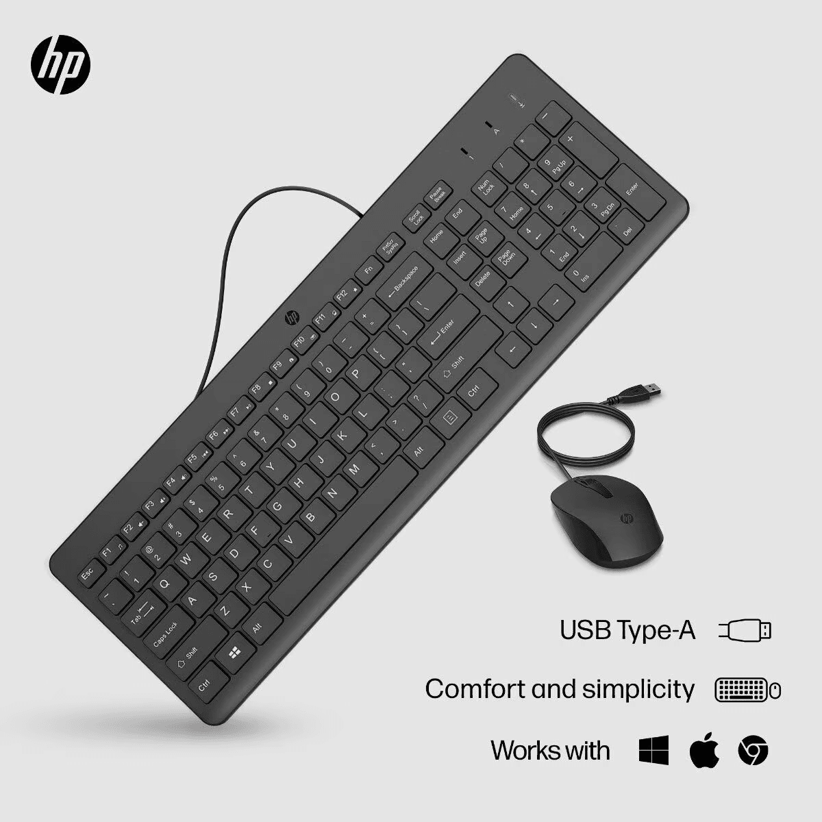 HP 150 Wired Keyboard and Mouse Combo with Instant USB Plug-and-Play Setup, 12 Shortcut Keys, 6° Adjustable Slope Keyboard and 1600 DPI Optical Sensor Mouse (3-Years Warranty, 240J7AA)