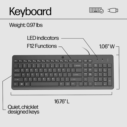 HP 150 Wired Keyboard and Mouse Combo with Instant USB Plug-and-Play Setup, 12 Shortcut Keys, 6° Adjustable Slope Keyboard and 1600 DPI Optical Sensor Mouse (3-Years Warranty, 240J7AA)