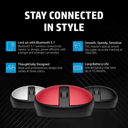 HP 240 Bluetooth Wireless Mouse with 3 Buttons/1600 DPI Red Optical Tracking/Sleek and Ambidextrous/Compatible to Windows 10, macOS, Chrome OS, 3 Years Warranty (Black)