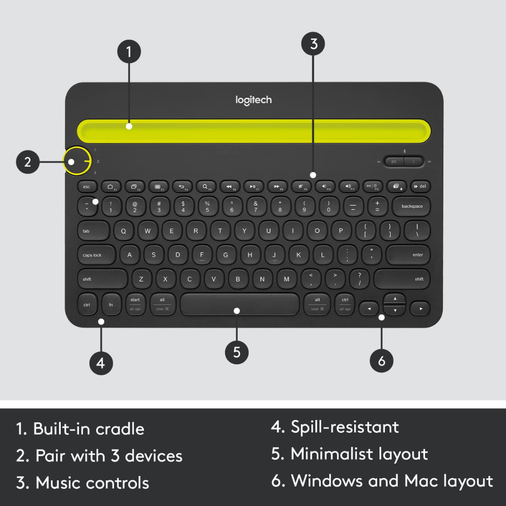 Logitech K480 Bluetooth Multi-Device Keyboard for Windows, macOS, iPadOS, Android, Chrome OS, Compatible with PC, Mac, Laptop, Smartphone, Tablet