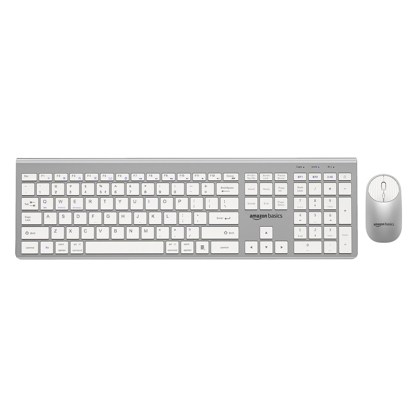 Amazon Basics Wireless Rechargeable Keyboard and Mouse Set with Dual Connectivity – Full-Size Multi-Device Wireless Keyboard and Mouse, compatible with Windows, Mac, Android, Smart TVs, Tablets, PCs, and Laptops.