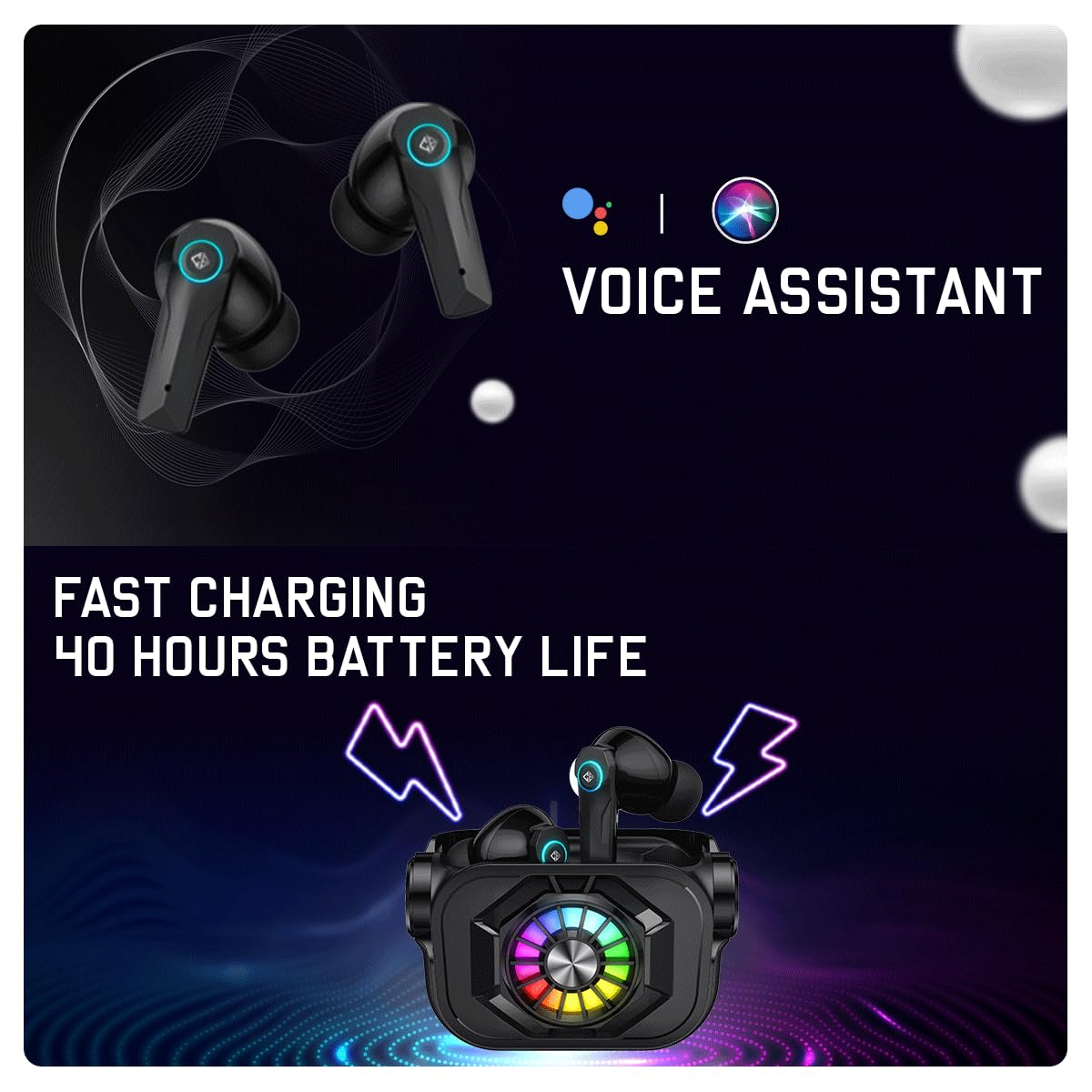 Cosmic Byte CosmoBuds X50 True Wireless Earbuds (TWS) | Bluetooth 5.3 | 40ms Latency GOD Mode™ | Music Mode | RGB Lighting | 40 Hours Playback | Environmental Noise Cancellation | DNS Quad Mics | IPX5 Water Resistance | Voice Assistant Compatible (Black).