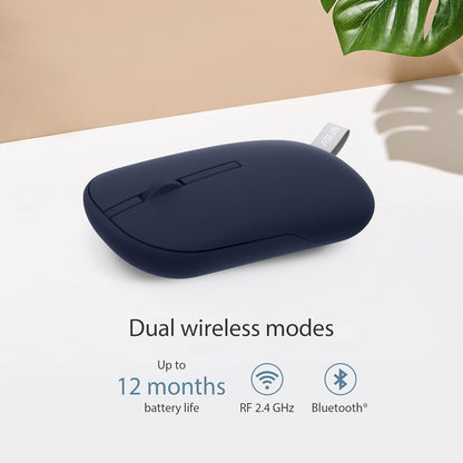 ASUS MD100 Marshmallow Silent Wireless Optical Mouse, Adjustable DPI, Multi-Mode Connectivity with Solar Cover (2.4GHz Wireless, Bluetooth, Quiet Blue)