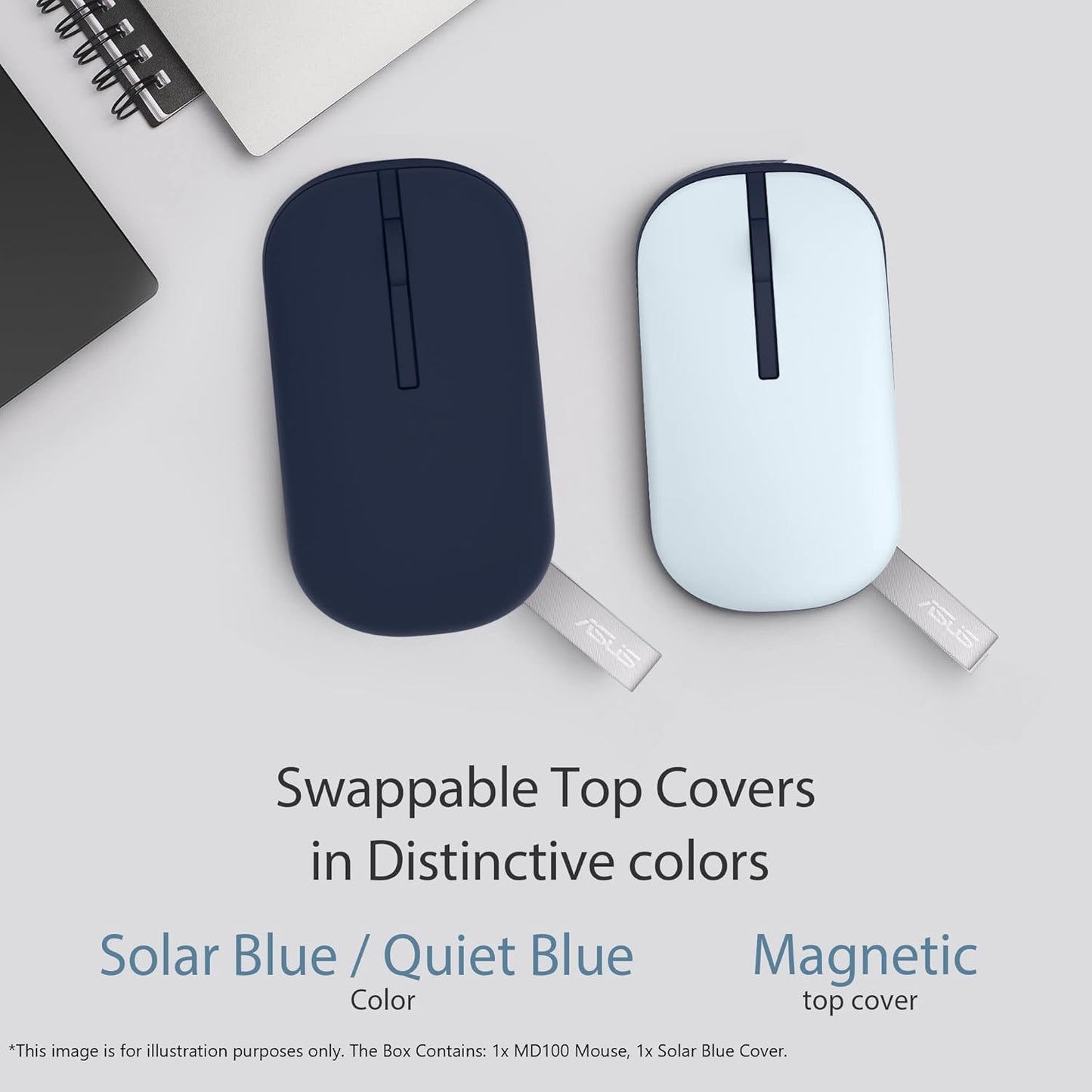 ASUS MD100 Marshmallow Silent Wireless Optical Mouse, Adjustable DPI, Multi-Mode Connectivity with Solar Cover (2.4GHz Wireless, Bluetooth, Quiet Blue)