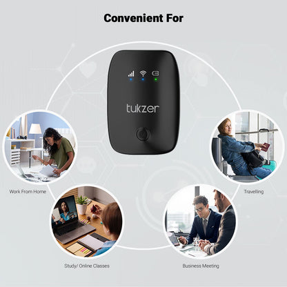 Tukzer 4G LTE Wireless Dongle with Universal SIM Support | Plug & Play Data Card with up to 150Mbps WiFi Hotspot | 2100mAh Rechargeable Battery | SIM Adapter Included, Single-Band (Black).