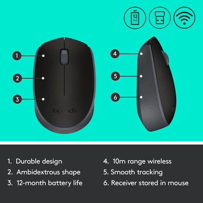 Logitech B170 Wireless Mouse, 2.4 GHz USB Nano Receiver, Optical Tracking, Ambidextrous (Black)