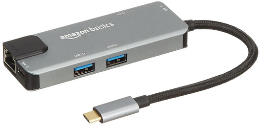 Amazon Basics 6-in-1 USB-C Hub Multiport Adapter with LAN Port, HDMI, Type-C, and Two USB 3.0 Ports (Black).