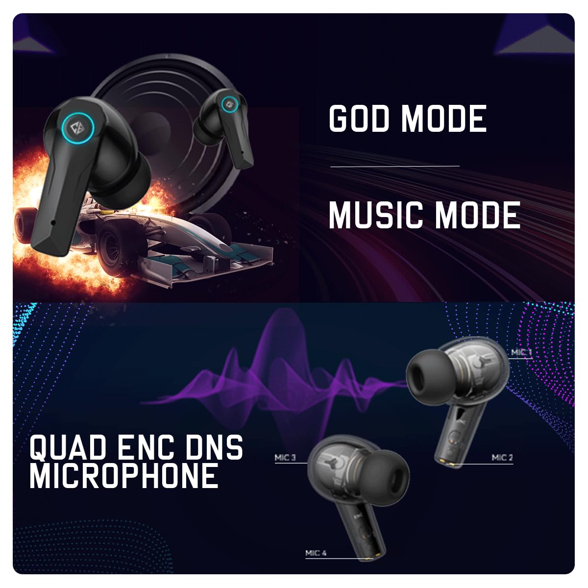 Cosmic Byte CosmoBuds X50 True Wireless Earbuds (TWS) | Bluetooth 5.3 | 40ms Latency GOD Mode™ | Music Mode | RGB Lighting | 40 Hours Playback | Environmental Noise Cancellation | DNS Quad Mics | IPX5 Water Resistance | Voice Assistant Compatible (Black).