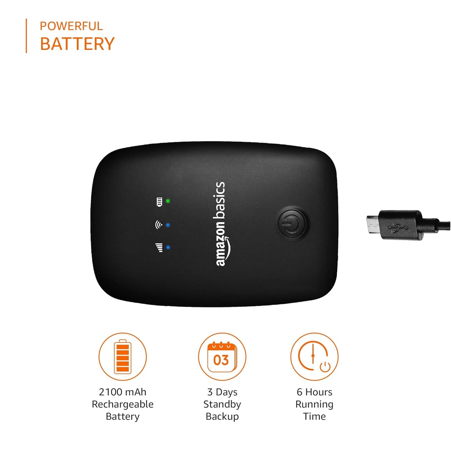 AmazonBasics 4G LTE WiFi Single-Band Dongle with Universal SIM Support | Up to 150 Mbps WiFi Hotspot | 2100 mAh Rechargeable Battery, Black