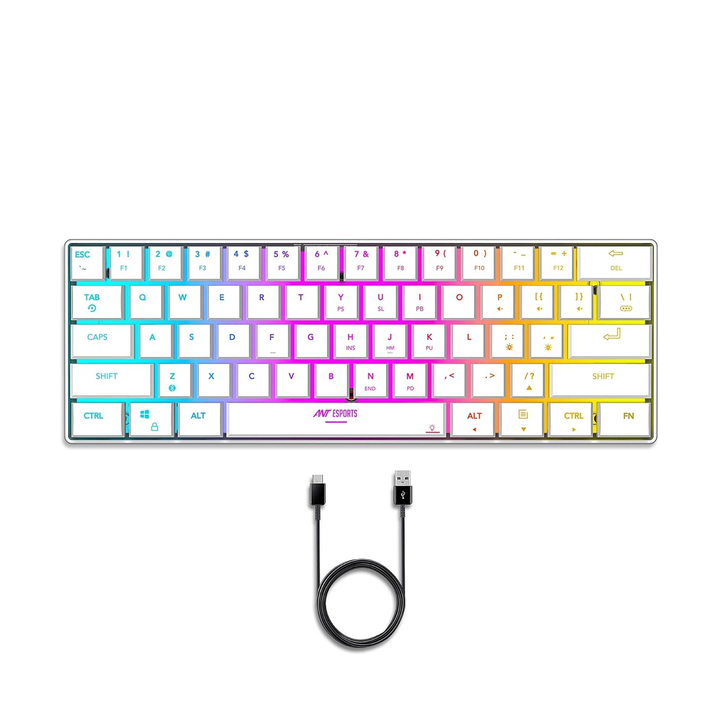 Ant Esports MK1500 Mini 60% Pro RGB Wireless Gaming Keyboard with Membrane Switches for PC / Mobile / Tablets / Laptop / TV's (White)