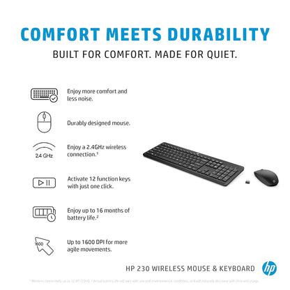 HP 230 Wireless Keyboard and Mouse Combo, 2.4GHz USB dongle, 1600 dpi, Windows PC Compatible, Full-Size Keyboard with Numeric pad, 12 Function Keys, 1-Year Warranty, 0.56 kg, White, 3L1F0AA