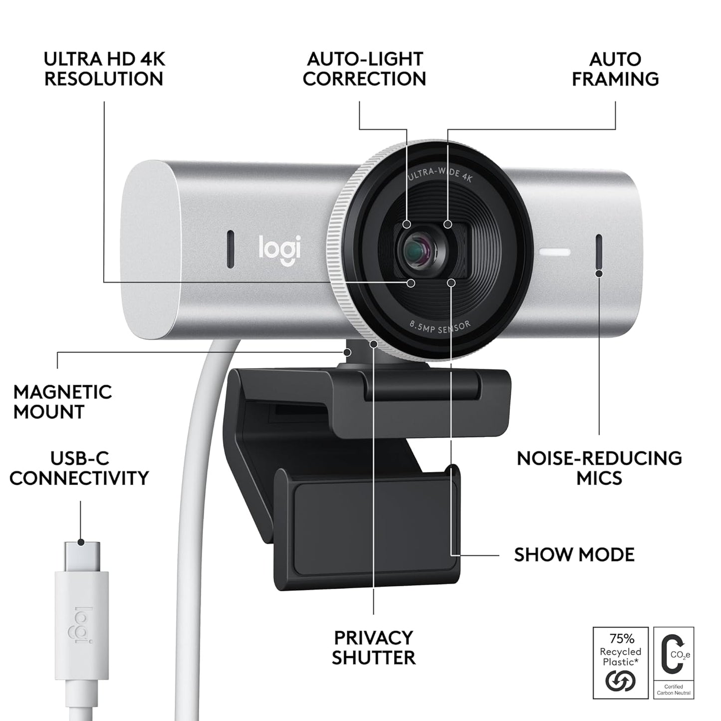 Logitech MX Brio Ultra HD 4K Collaboration and Streaming Webcam, 1080p at 60 FPS, Dual Noise Reducing Mic, USB-C, Works with Microsoft Teams, Zoom, Google Meet