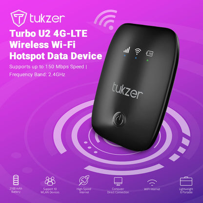 Tukzer 4G LTE Wireless Dongle with Universal SIM Support | Plug & Play Data Card with up to 150Mbps WiFi Hotspot | 2100mAh Rechargeable Battery | SIM Adapter Included, Single-Band (Black).