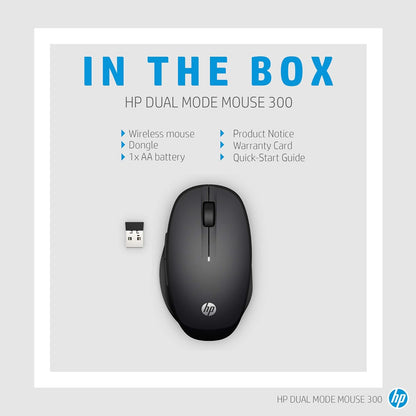 HP 300 Dual Mode Black Mouse, Switch Between Two PCs via Bluetooth or 2.4 GHz Wireless, Smart TV Connectivity, 1200 to 3600 Adjustable DPI (6CR71AA)