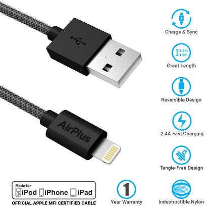 AirPlus AX-905-BLK 8-Pin Lightning to USB Cable for Smartphones - 3.3 Feet (1 Meter) (Black, Single Pack)