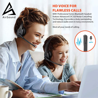 AirSound M99 Pro Bluetooth V5.0 Wireless Headset | Adjustable Microphone for Conference Calls, 24 Hours of Talk Time, CVC 8.0 Noise-Cancelling On-Ear Design for Office Use, Online Meetings, and Call Centers.