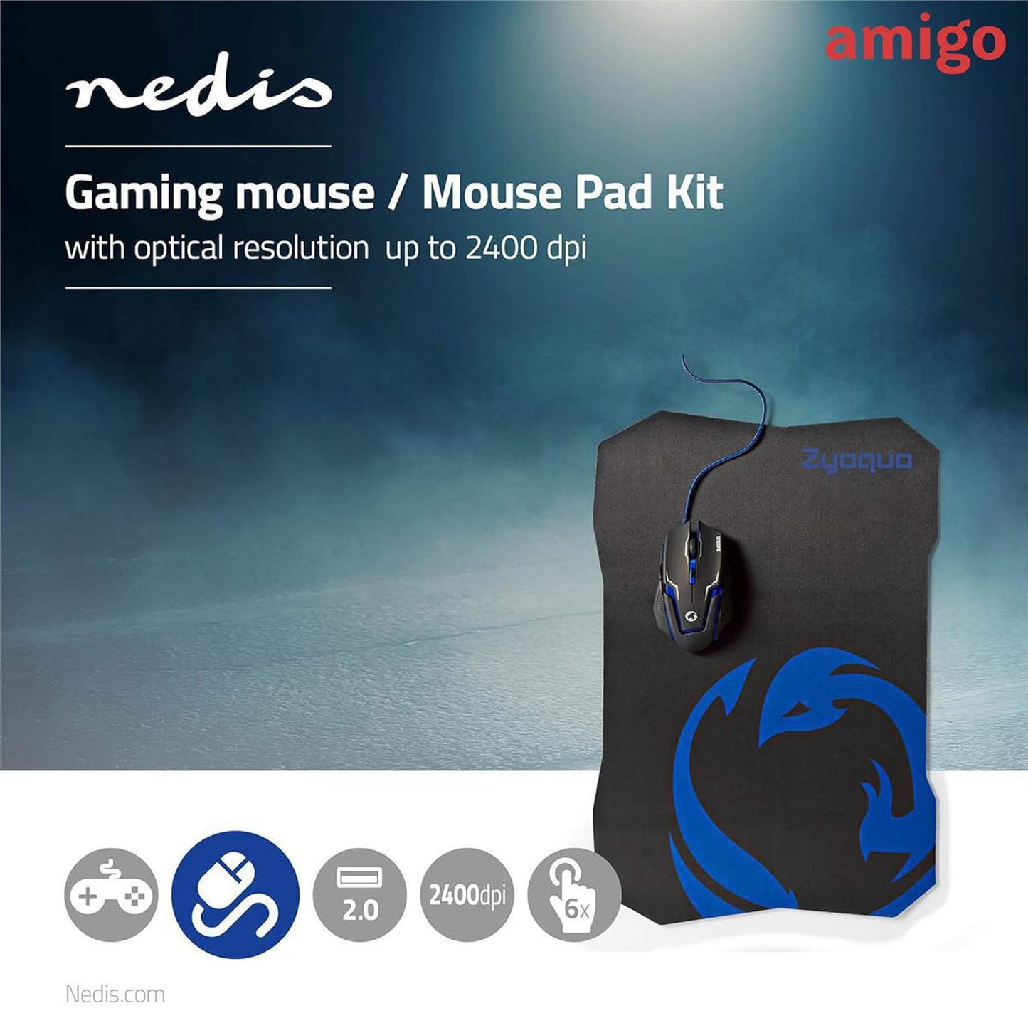 Amigo Nedis Wired Gaming Mouse and Durable Mouse Pad Set | Featuring 6 Programmable Buttons | 2400 DPI Sensitivity (Black) Explore the AMIGO Store