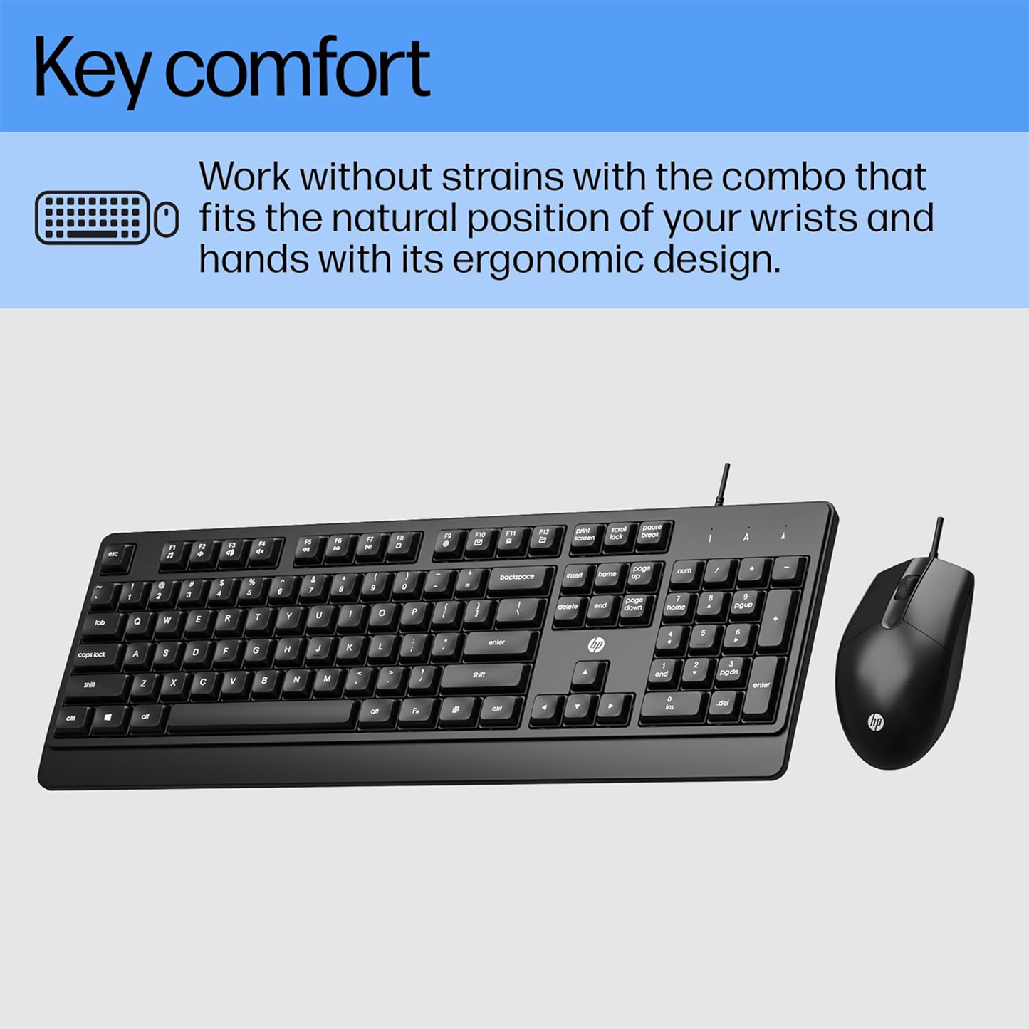 HP KM 180 Wired Mouse and Keyboard Combo, USB Plug-and-Play, 1200 dpi, Full-Size Layout with Numeric pad, Up to 10 Million keystrokes, Up to 1 Million clicks, 1-Year Warranty, 0.52 kg, Black, 7J4G3AA