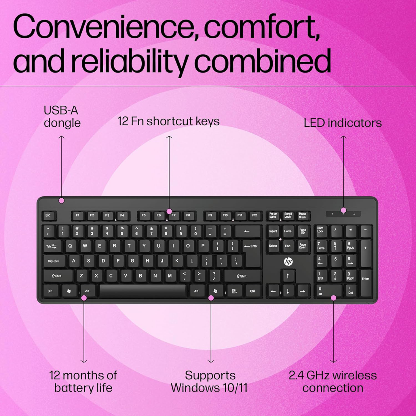 HP K160 Wireless Keyboard/Quick Comfy accurate/12 Fn Shortcut Keys/Plug and Play USB/ 3 Years Warranty, Black