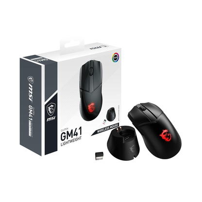 MSI Clutch GM41 Lightweight Wireless Gaming Mouse & Charging Dock, 20000 DPI, 60M+ Clicks, Fast-Charging 80 Hour Battery, RGB Mystic Light, 6 Programmable Buttons, PC/Mac