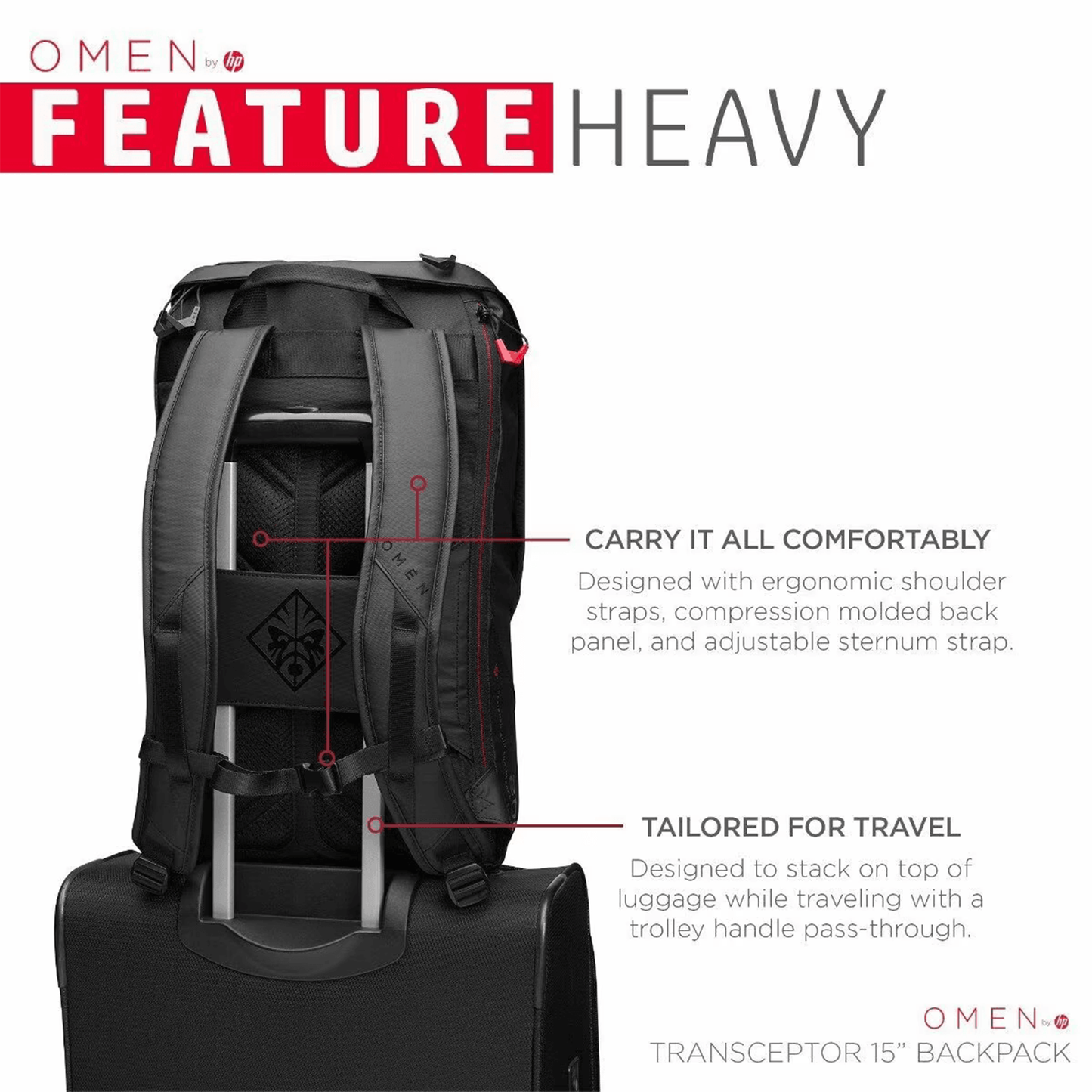 HP OMEN Transceptor 15 Backpack, 15.6 inch, 20L Capacity, Water Resistant, Padded Laptop Compartment, Ergonomic Design, Trolley Pass-Through, 1-Year Warranty, 0.84 kg, Black, 7MT84AA