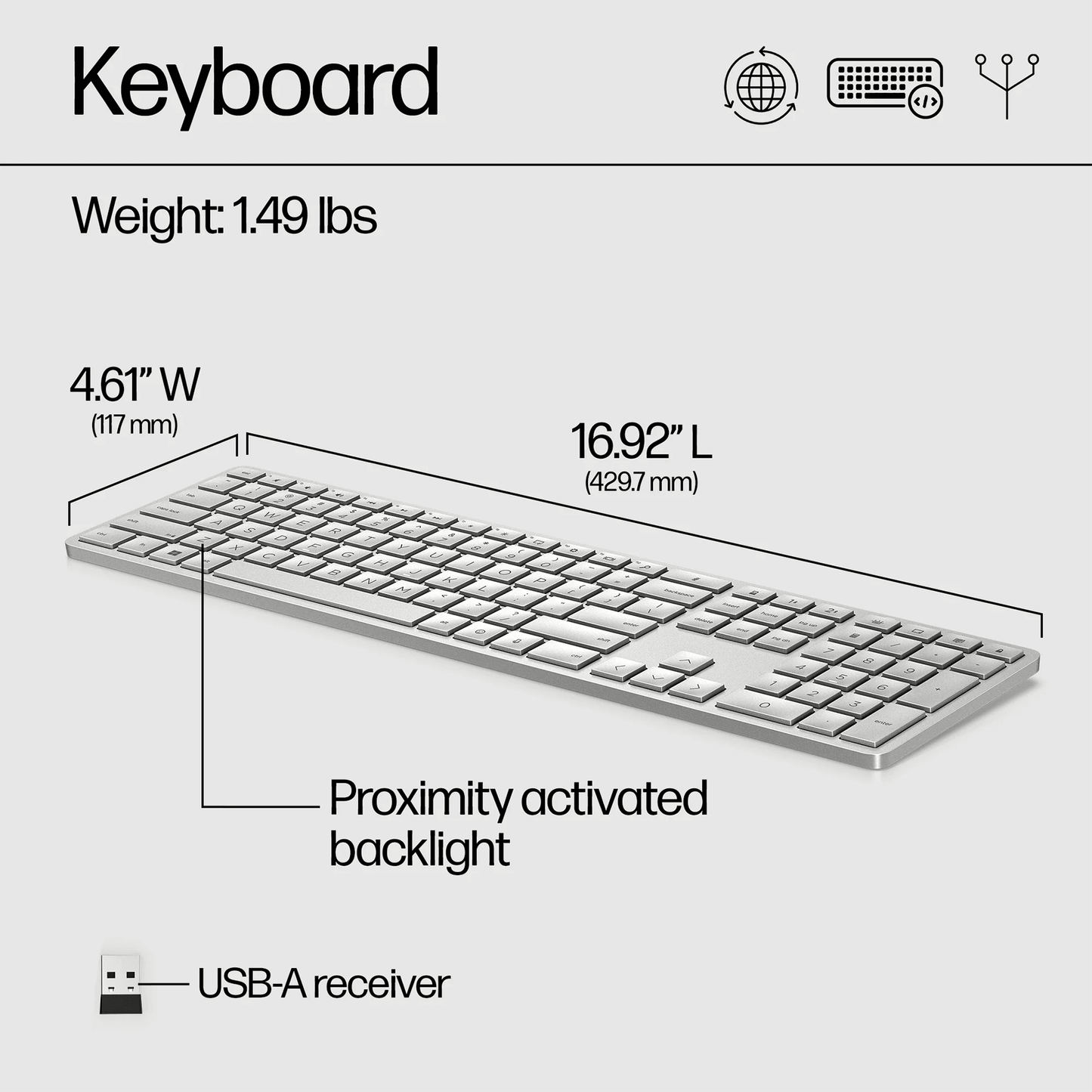 HP 970 Creator Keyboard, Wireless and Multi-Device with 20 programmable Shortcut Keys, Backlit with sensors, up to 6 Month Battery, AES encrypted, 3Y Warranty, 0.67 kg, Silver