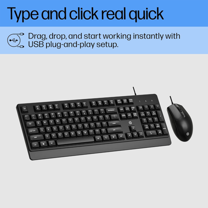 HP KM 180 Wired Mouse and Keyboard Combo, USB Plug-and-Play, 1200 dpi, Full-Size Layout with Numeric pad, Up to 10 Million keystrokes, Up to 1 Million clicks, 1-Year Warranty, 0.52 kg, Black, 7J4G3AA