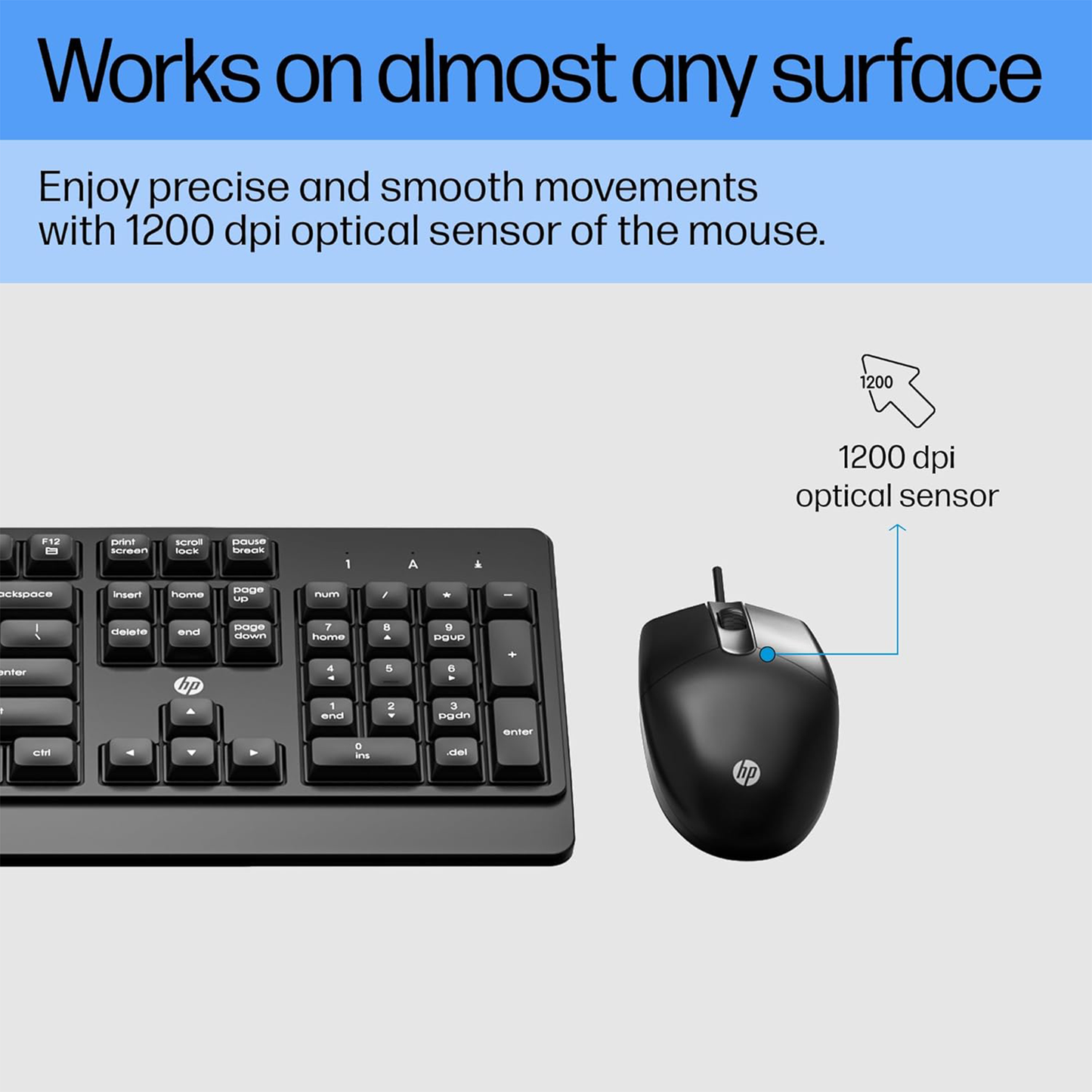 HP KM 180 Wired Mouse and Keyboard Combo, USB Plug-and-Play, 1200 dpi, Full-Size Layout with Numeric pad, Up to 10 Million keystrokes, Up to 1 Million clicks, 1-Year Warranty, 0.52 kg, Black, 7J4G3AA